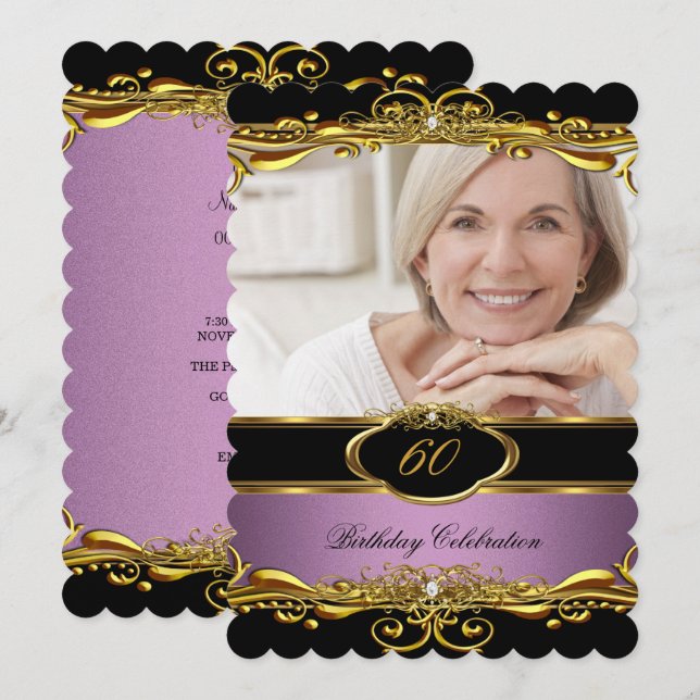 Elegant Lilac Pink Black Gold 60th Birthday Party Invitation (Front/Back)