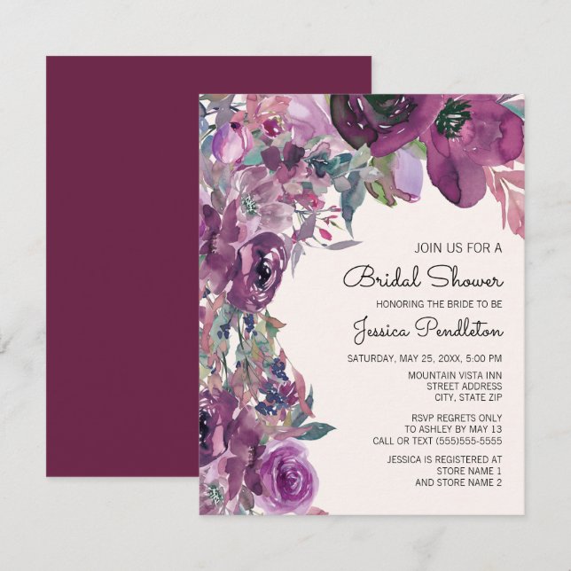 Elegant Lilac Plum Purple Floral Bridal Shower Invitation (Front/Back)