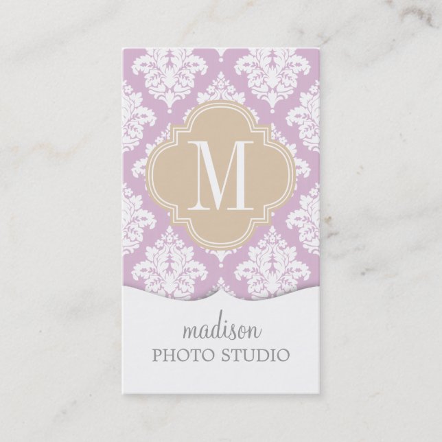 Elegant Lilac Purple Damask Personalized Business Card (Front)