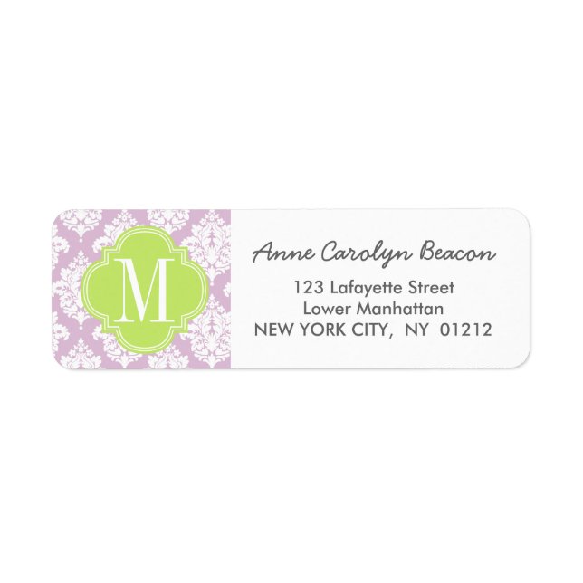 Elegant Lilac Purple Damask Personalized Label (Front)
