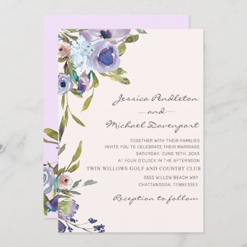 Elegant Lilac Purple Dusty Blue Floral Wedding Invitation | Zazzle