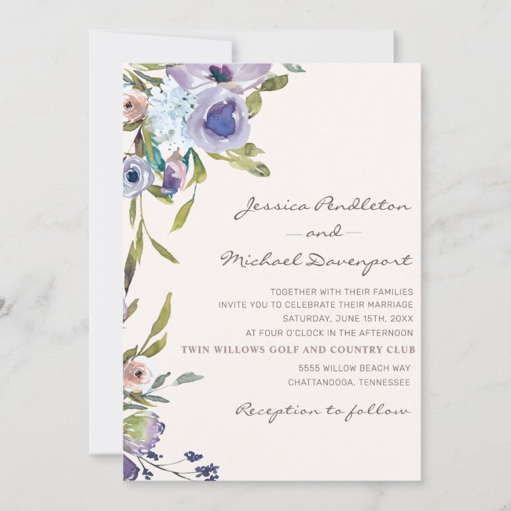 Elegant Lilac Purple Dusty Blue Floral Wedding Invitation | Zazzle