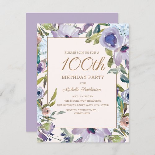 Elegant Lilac Purple Floral 100th Birthday Invitation
