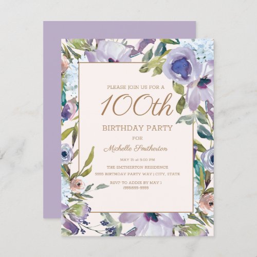 Elegant Lilac Purple Floral 100th Birthday Invitation