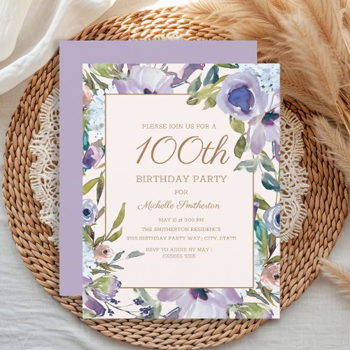 Elegant Lilac Purple Floral 100th Birthday