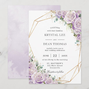 Elegant Lilac Purple Floral Gold Geometric Wedding Invitation