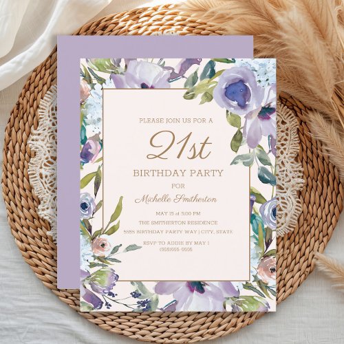 Elegant Lilac Purple Floral Greenery 21st Birthday