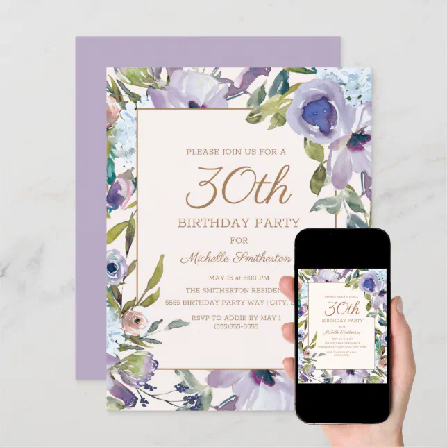 Elegant Lilac Purple Floral Greenery 30th Birthday Invitation | Zazzle