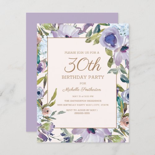 Elegant Lilac Purple Floral Greenery 30th Birthday Invitation