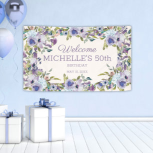 Elegant Lilac Purple Floral Greenery 50th Birthday Banner