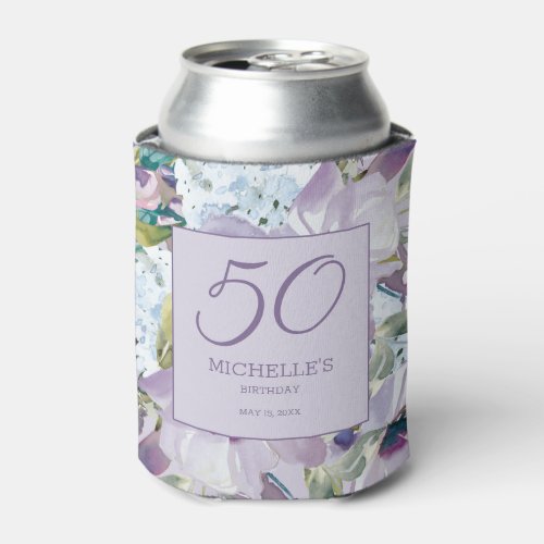 Elegant Lilac Purple Floral Greenery 50th Birthday Can Cooler