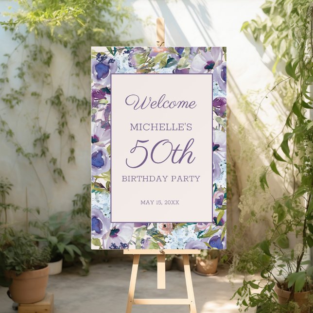 Elegant Lilac Purple Floral Greenery 50th Birthday Foam Board (Dusty blue and purple floral women's 50th birthday party foam core easel sign)