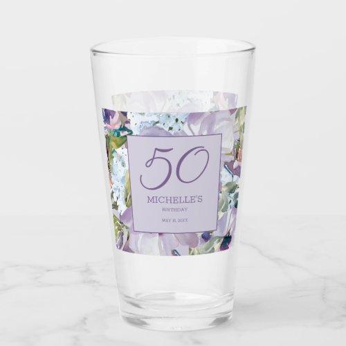 Elegant Lilac Purple Floral Greenery 50th Birthday Glass