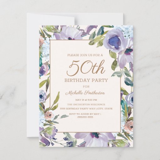 Elegant Lilac Purple Floral Greenery 50th Birthday Invitation | Zazzle