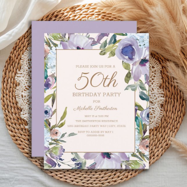 Elegant Lilac Purple Floral Greenery 50th Birthday Invitation (Purple watercolor floral women's 50th birthday party invitation)