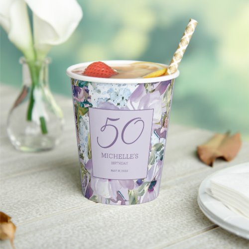 Elegant Lilac Purple Floral Greenery 50th Birthday Paper Cups