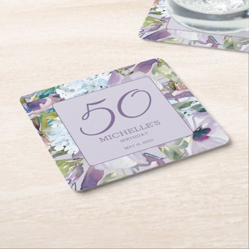 Elegant Lilac Purple Floral Greenery 50th Birthday Square Paper Coaster