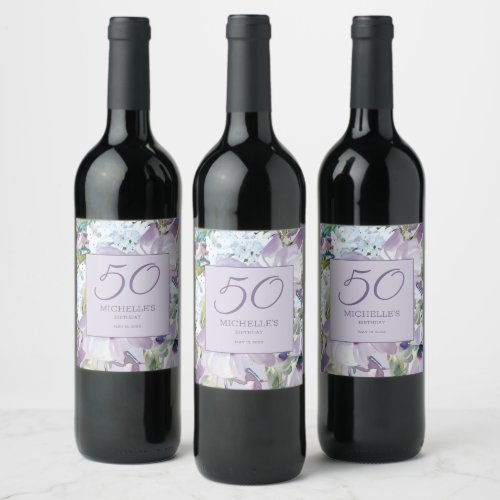 Elegant Lilac Purple Floral Greenery 50th Birthday Wine Label