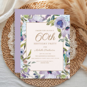 Elegant Lilac Purple Floral Greenery 60th Birthday Invitation