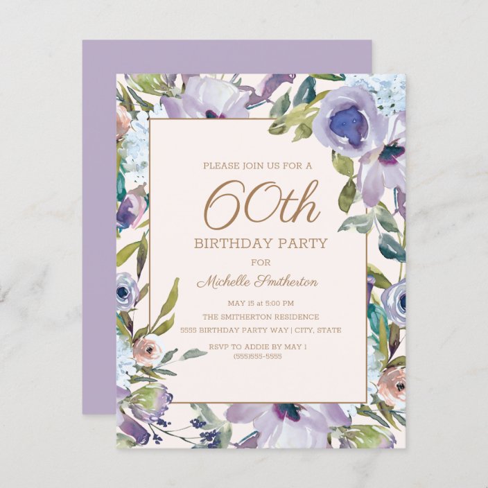 Elegant Lilac Purple Floral Greenery 60th Birthday Invitation | Zazzle