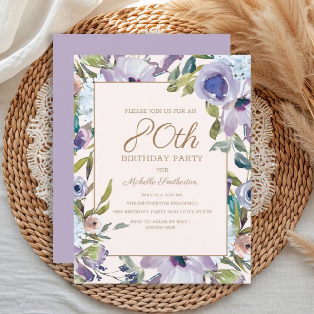 Elegant Lilac Purple Floral Greenery 80th Birthday Invitation (Purple watercolor floral 80th birthday party invitation)