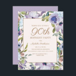 Elegant Lilac Purple Floral Greenery 90th Birthday Invitation<br><div class="desc">Beautiful and elegant lilac purple floral and greenery botanical watercolor 90th birthday party invitation on a cream/white background.  Contact me for assistance with your customizations or to request additional matching or coordinating Zazzle products for your party.</div>