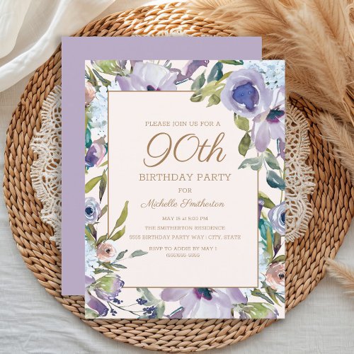 Elegant Lilac Purple Floral Greenery 90th Birthday