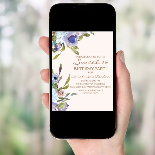 Elegant Lilac Purple Floral Greenery Sweet 16 Invitation (Front Digital)