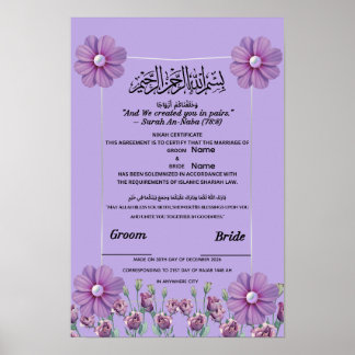 Elegant Lilac Purple Floral Pearl Islamic Nikah Poster