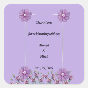 Elegant Lilac Purple Floral Pearl Wedding Favor Square Sticker