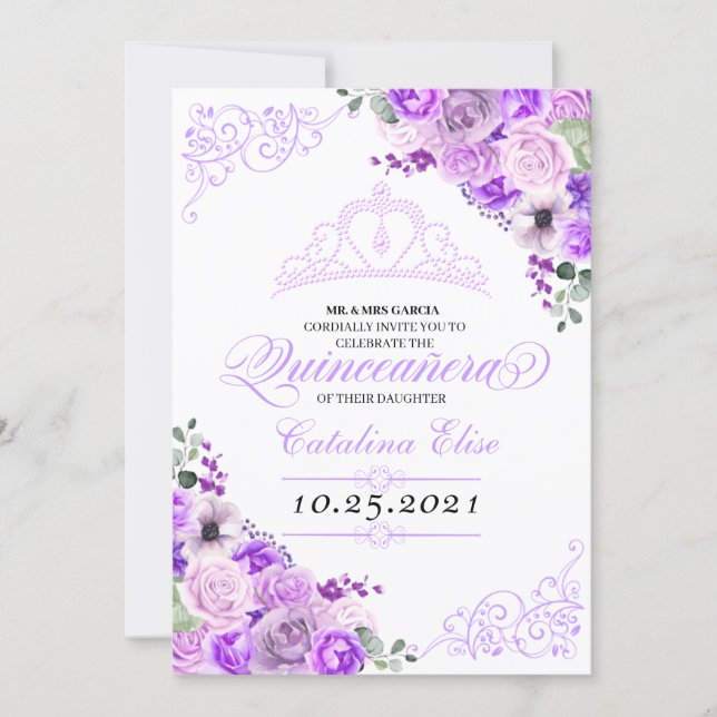 Elegant Lilac Purple Floral Quinceanera Birthday Invitation (Front)