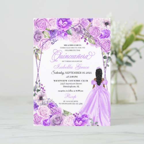 Elegant Lilac Purple Floral Quinceanera Invitation