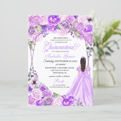 Elegant Lilac Purple Floral Quinceanera Invitation