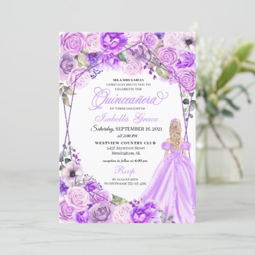 Elegant Lilac Purple Floral Quinceanera Invitation