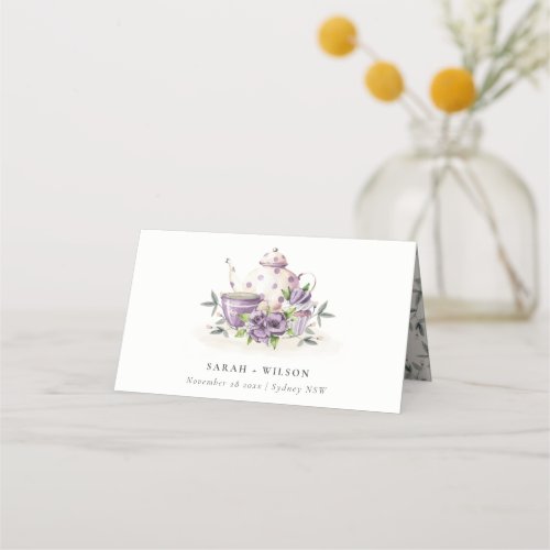 Elegant Lilac Purple floral Teapot Cup Wedding Place Card