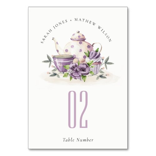 Elegant Lilac Purple floral Teapot Cup Wedding Table Number