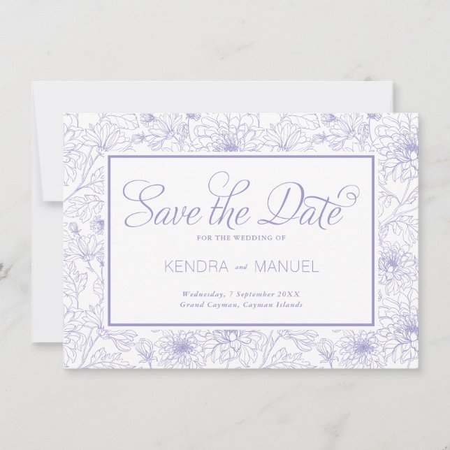 Elegant Lilac Purple Floral Toile Wedding Save The Date (Front)