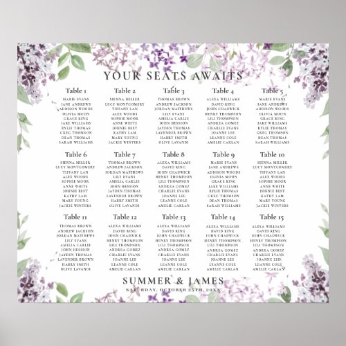 Elegant Lilac Purple Floral Wedding Seating Chart