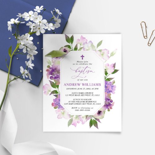 Elegant Lilac Purple Flowers Baptism Invitation