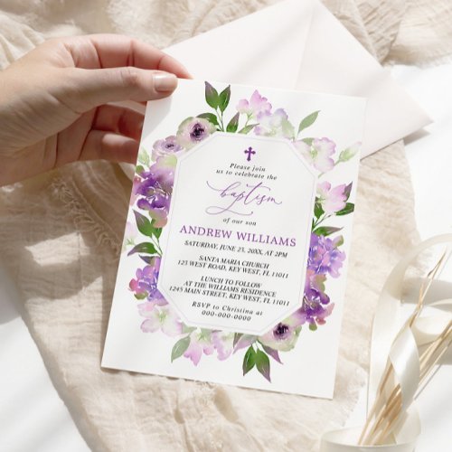 Elegant Lilac Purple Flowers Baptism Invitation