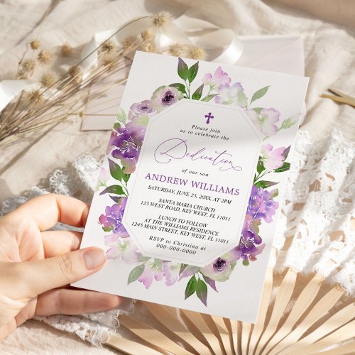 Elegant Lilac Purple Flowers Dedication Invitation