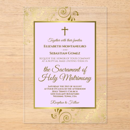 Elegant Lilac Purple &amp; Gold Catholic Wedding Acrylic Invitations