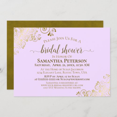Elegant Lilac Purple  Gold Lace Bridal Shower Invitation
