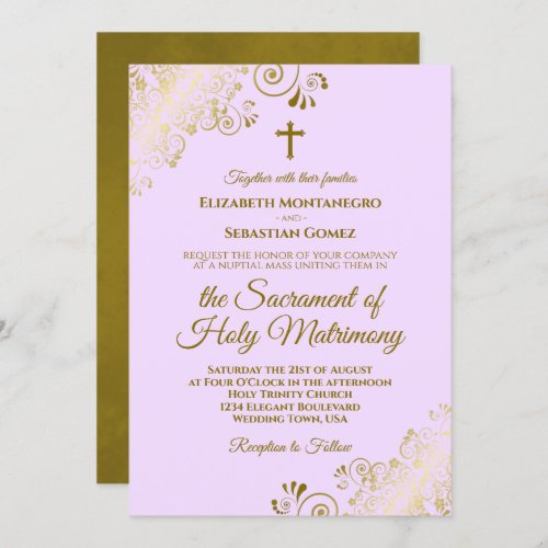 Elegant Lilac Purple Gold Modern Catholic Wedding Invitation
