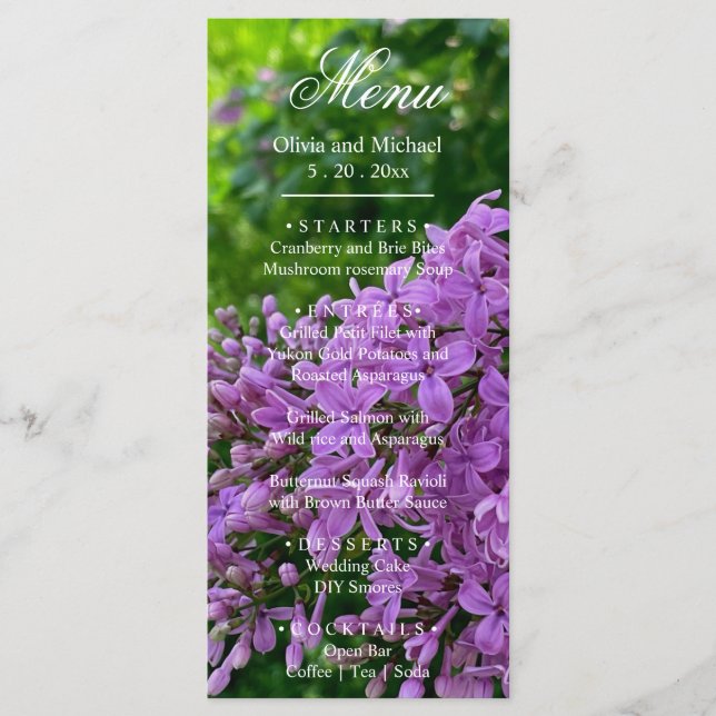 Elegant Lilac purple lavender floral Wedding Menu (Front)