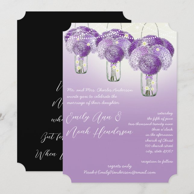 Elegant Lilac Purple Mason Jar Firefly Wedding Invitation (Front/Back)