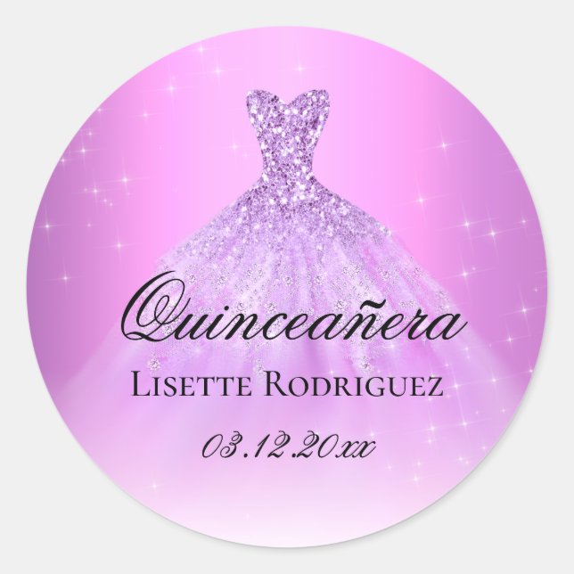 Elegant Lilac Purple Personalized Quinceanera Classic Round Sticker (Front)