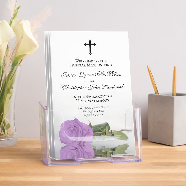 Elegant Lilac Purple Rose Catholic Wedding Program Brochure (Insitu)