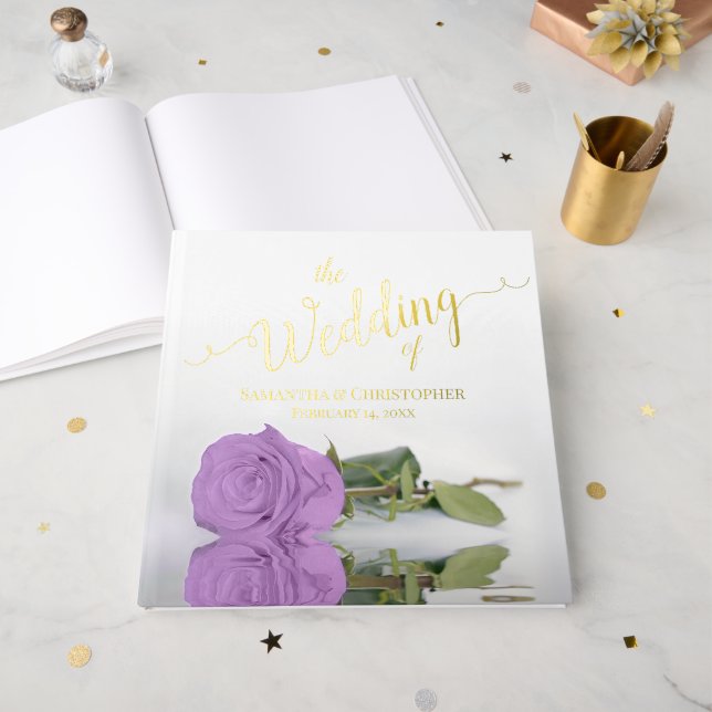 Elegant Lilac Purple Rose Large Wedding Foil Foil Guest Book (Front Open)