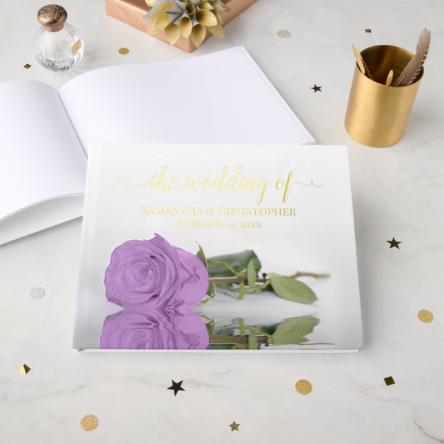 Elegant Lilac Purple Rose Medium Wedding Foil Foil Guest Book (Front Open)